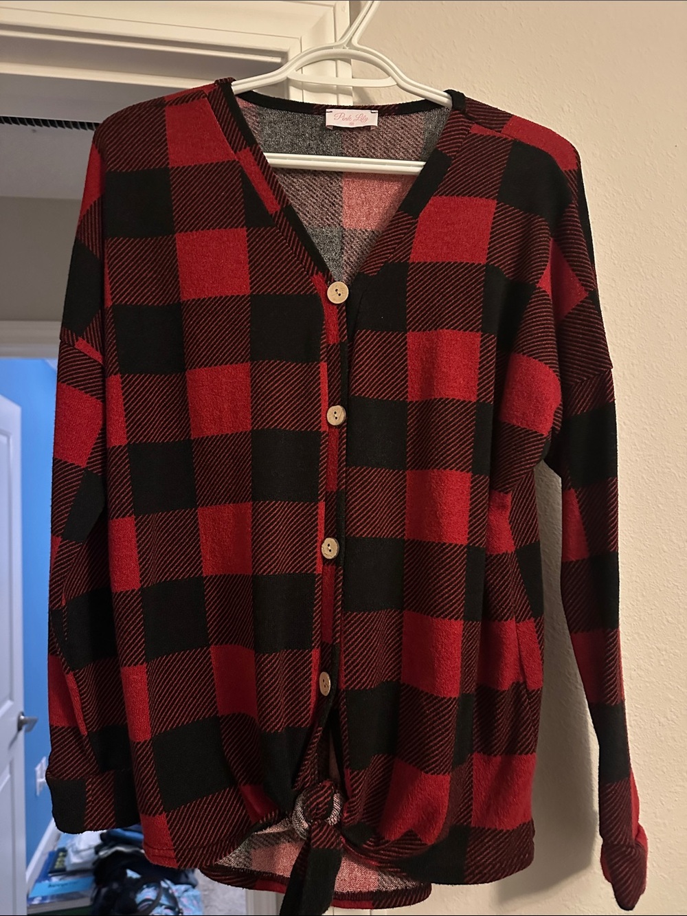 Pink Lily Red and Black Buffalo Plaid Button-Up Cardigan